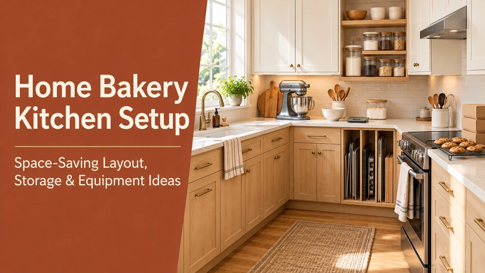 Home bakery kitchen setup with prep space and baking equipment