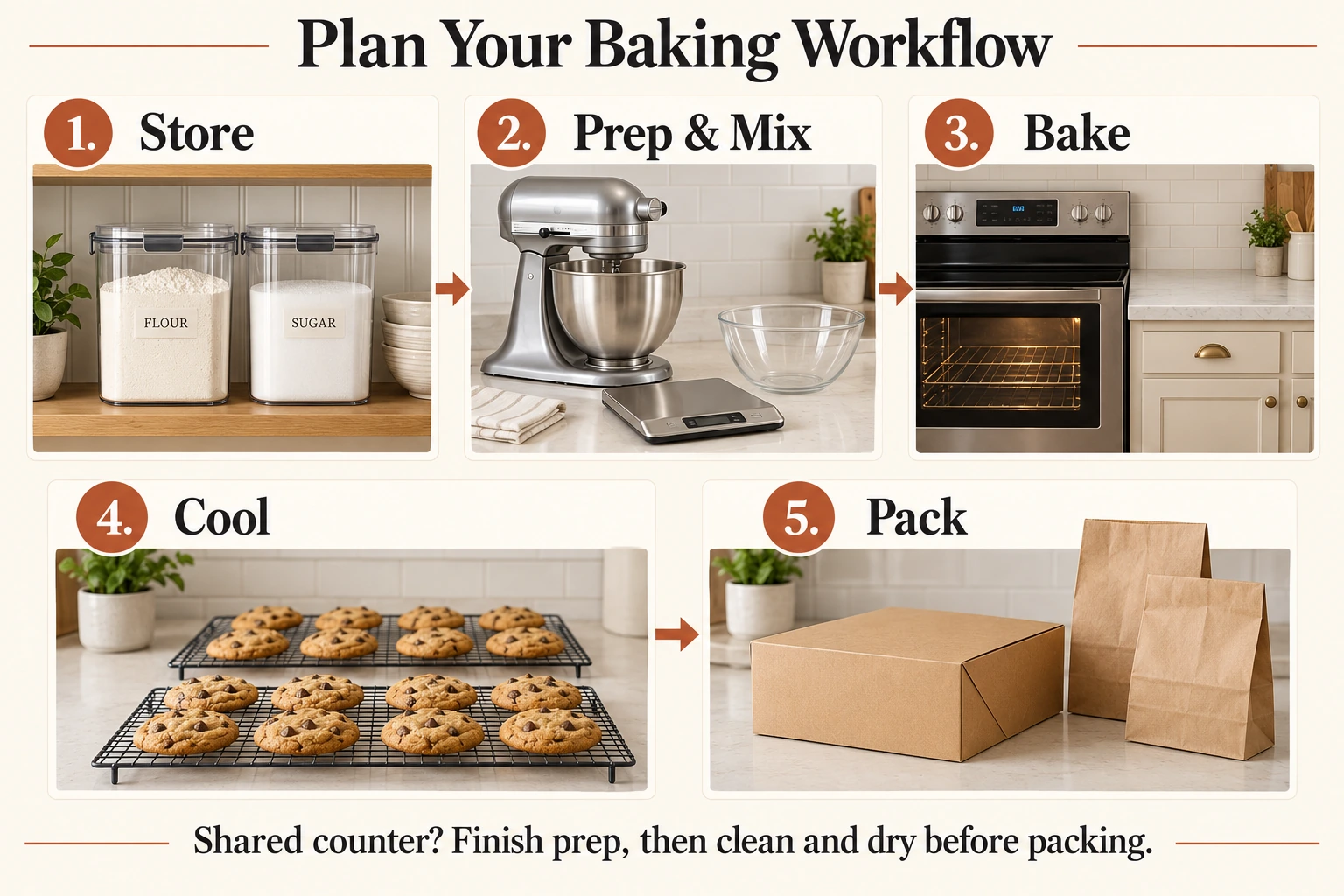 Home baking workflow from ingredient storage to packing