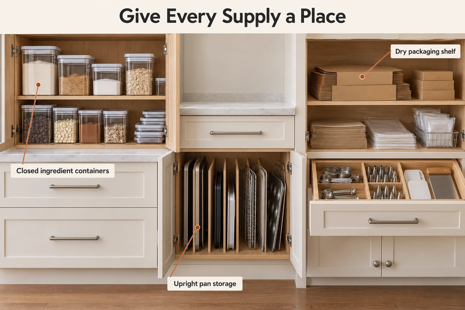 Baking storage with ingredient containers, upright pans, and packaging
